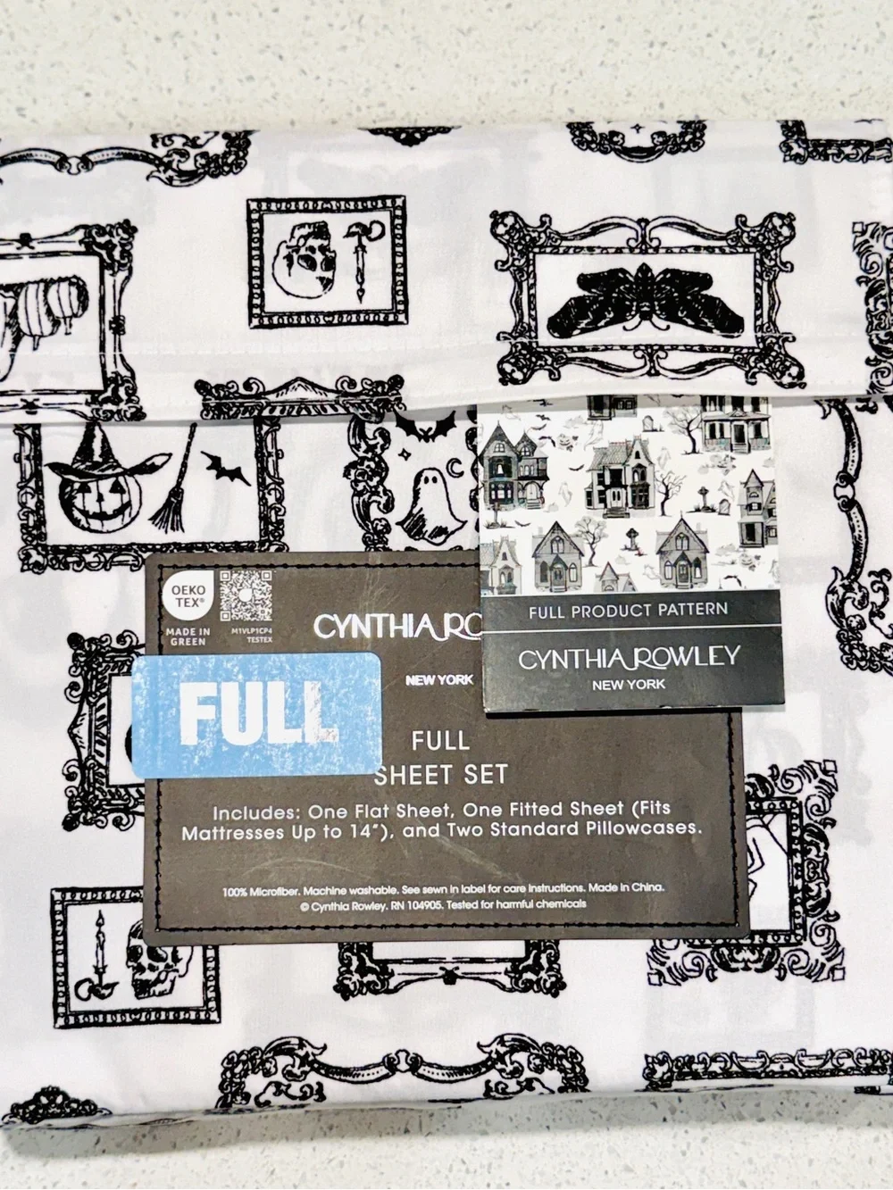 Cynthia Rowley FULL Sheet Set Halloween Gothic Skulls Pumpkins Black White 4pc